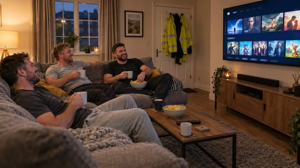 Work team relaxing together in a comfortable living room